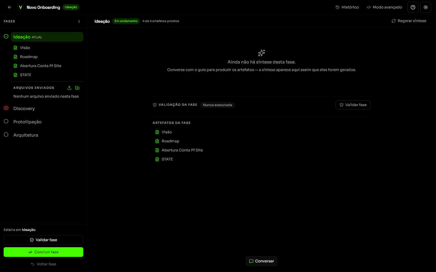 Modo Produto do projeto Novo Onboarding, fase Ideação com artefatos e validação