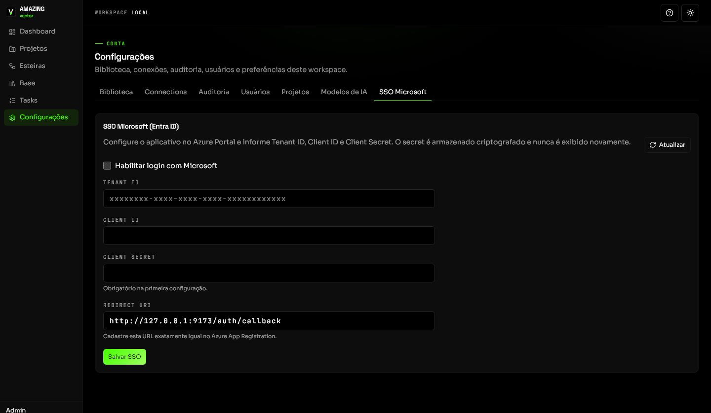 Configurações de SSO Microsoft Entra ID no workspace do Vector